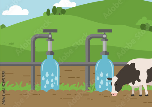 Sustainable livestock tech irrigates a pasture with water. A cow drinks, showcasing efficient water usage. Clean, modern illustration.
