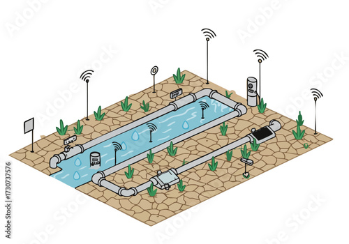 stylized isometric illustration depicts a smart irrigation system with sensors and pipes set in a desert landscape Modern clean design with a focus on sustainable technology