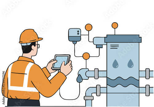 A technician monitors a drying system with a tablet, showcasing industrial maintenance and digital control. Clean, modern illustration.