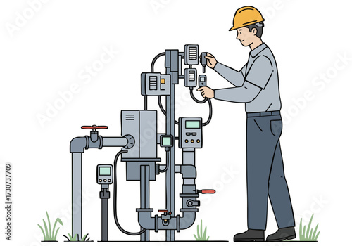 worker adjusts controls on a water testing system during a simulated drought Clear lines and a modern style highlight the equipment and professional setting Focus on functionality and precision
