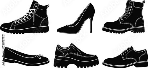 Footwear silhouettes, sneaker, stiletto, combat boot, ballet flat, platform shoe, oxford, black design, fashion vector, shoe styles