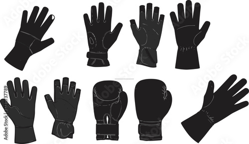 Glove silhouettes, boxing styles, fashion gloves, utility wear, padded designs, wrist straps, black vector, protective gear, handwear icons