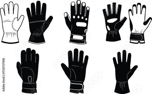 Glove silhouettes, padded styles, stitched details, wrist closures, black vector, fashion icons, utility wear, protective gear, handwear design