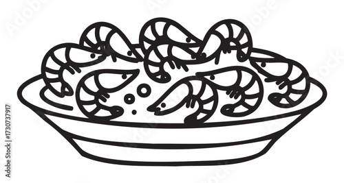 Black and white illustration of a bowl of shrimp - stock vector
