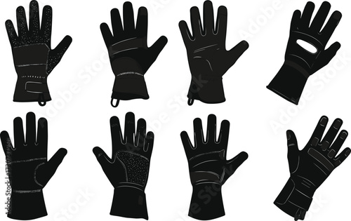 Glove silhouettes, padded styles, wrist closures, utility gloves, boxing gloves, black vector, fashion icons, protective gear, handwear design, accessory set