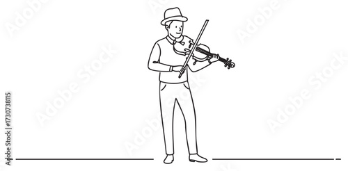 Line art of a young caucasian male playing violin with hat and casual outfit - stock vector