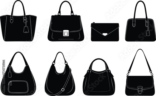 Handbag silhouettes, tote, clutch, satchel, hobo, shoulder bag, fashion accessory, black design, style comparison, vector icon