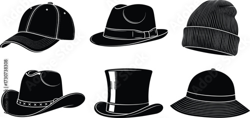 Hat silhouettes, baseball cap, fedora, beanie, cowboy, top hat, bucket hat, fashion vector, black design, headwear icons