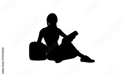 A girl sitting next to a bag and reading a vector book vector.