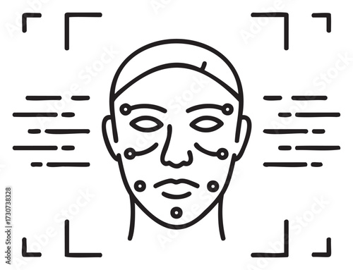 Facial recognition technology illustration with biometric points and digital interface - stock vector
