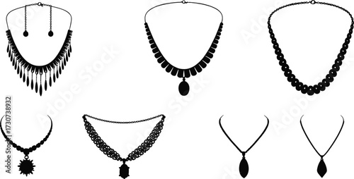 Necklace silhouettes, pendant styles, bead arrangements, fashion jewelry, black vector, elegant accessories, stylish set, jewelry icons, design variety