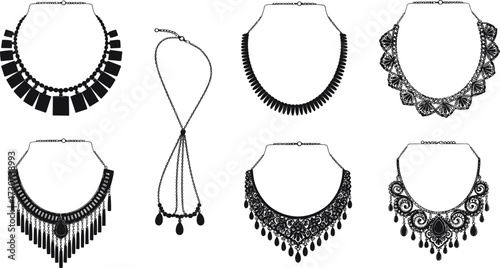 Necklace silhouettes, pendant styles, layered chains, geometric shapes, ornamental patterns, black vector, jewelry icons, fashion set, elegant accessories
