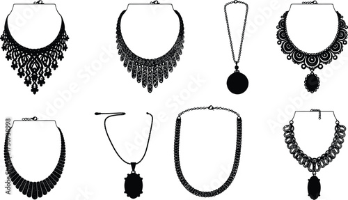 Necklace silhouettes, pendant styles, layered designs, ornate shapes, black vector, jewelry icons, fashion set, elegant accessories, statement pieces