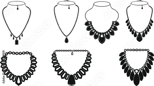 Necklace silhouettes, pendant styles, teardrop elements, geometric shapes, black vector, jewelry icons, fashion set, elegant accessories, chain designs
