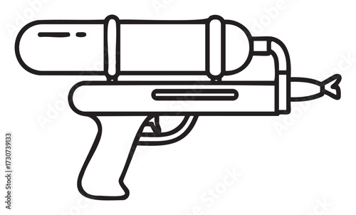 Outline drawing of water gun toy with tank and nozzle in black and white - stock vector