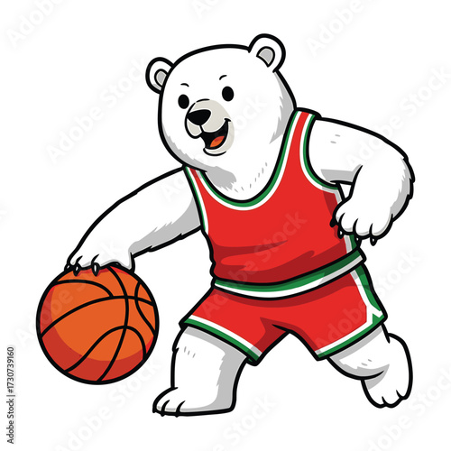 Cartoon polar bear dribbling a basketball in a red sports jersey vector illustration