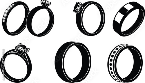 Ring silhouettes, gemstone settings, band styles, solitaire designs, black vector, jewelry icons, elegant set, fashion accessories, wedding rings