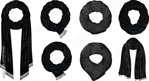 Scarf silhouettes, fashion wraps, looped styles, fringe detail, black design, vector icons, winter accessory, draped neckwear, stylish set