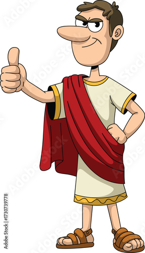 Ancient Roman cartoon character in toga, confident pose, flat vector illustration, historical costume, senator style, thumbs up gesture, emotional expression