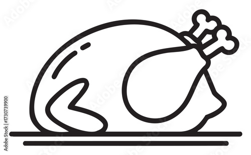 Simple roast turkey outline drawing with bone details on plate - stock vector