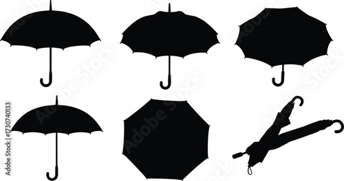 Umbrella silhouette collection, black umbrella vector icons, open and closed parasol designs, isolated umbrella shapes, rain protection clipart, classic weather symbols
