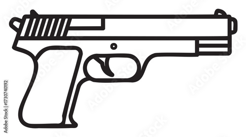 Black and white outline of a handgun side view drawing - stock vector