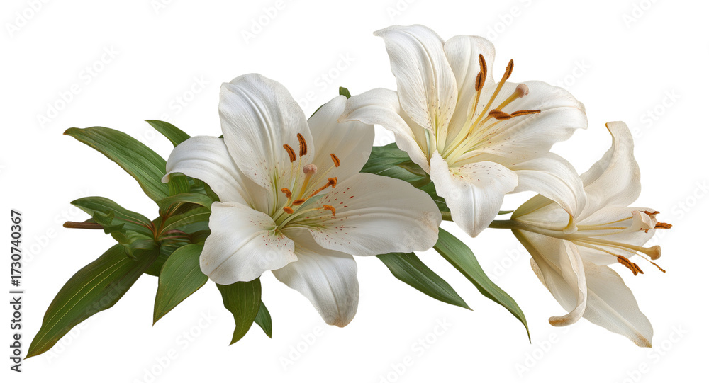 Fototapeta premium Three white lilies with green leaves on a transparent background isolated on a transparent background