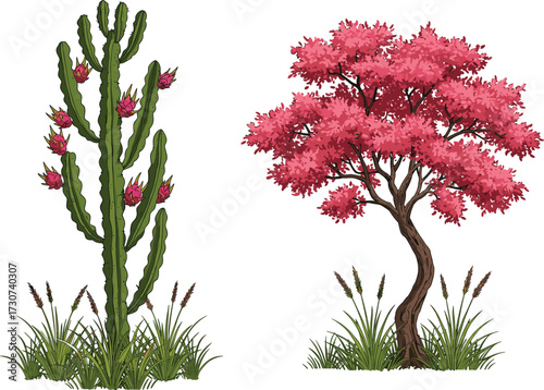 Dragon fruit cactus with ripe pink fruits beside blooming cherry blossom tree, vibrant spring flowers, exotic plants, nature diversity, green grass background