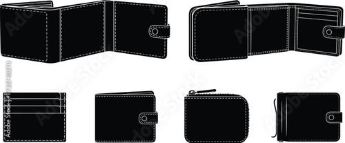 Wallet silhouettes, bi-fold, tri-fold, cardholder, zip-around, snap closure, black design, fashion accessory, vector icon, style comparison