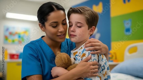 A compassionate female nurse in blue scrubs gently embraces a young boy holding a teddy bear in a brightly lit children's hospital room.