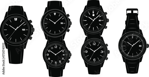 Wristwatch silhouettes, analog designs, chronograph dials, date windows, black vector, fashion icons, timepiece set, stylish layout, classic watches