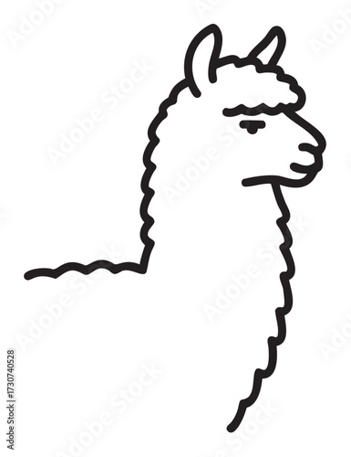 Black and white line art of llama with curved neck and fluffy wool - stock vector