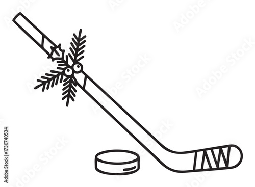 Christmas-themed hockey stick with festive star and snowflakes in black and white - stock vector