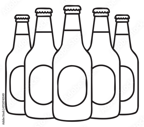 Set of five beer bottles outline with labels - stock vector