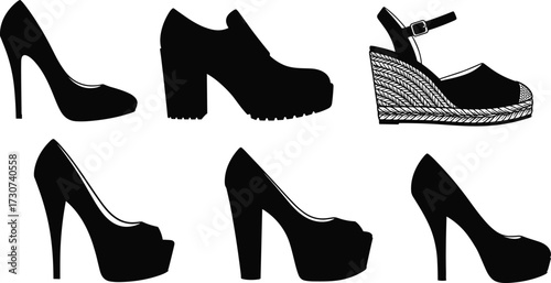 Women’s shoe silhouettes, high heel, platform pump, wedge sandal, loafer, black design, fashion vector, footwear styles, accessory icon