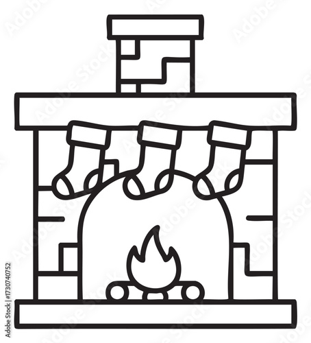 Cozy fireplace with hanging stockings in line art illustration - stock vector