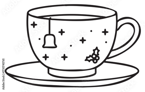 Festive teacup with holly design and teabag illustration in line art style - stock vector