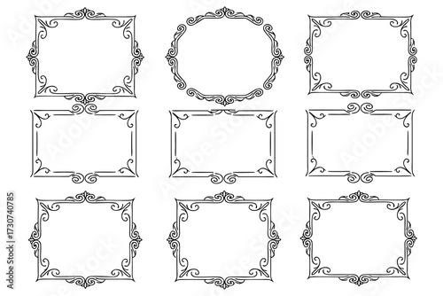Collection of nine decorative black and white ornamental frames border ornate