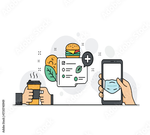 Illustration of a healthy lifestyle with a coffee cup, a red mug, a burger, a leaf, a computer, a trash can, a lamp, and a smartphone concept of balance and wellbeing