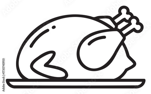 Line art of roasted whole turkey on plate with minimalistic style - stock vector