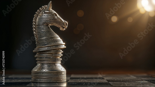 Unconventional Finance Strategies Illustrated Through the Chess Knight and Coins Symbolizing Market Growth and Success