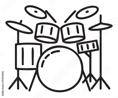 Outline illustration of drum kit with cymbals and snare in black and white - stock vector