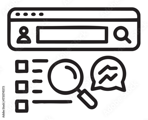 Online search and communication icons black and white line art - stock vector