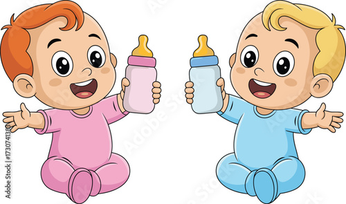 Cartoon babies sitting with bottles, smiling faces, pink and blue onesies, playful infant characters, flat vector illustration for parenting content