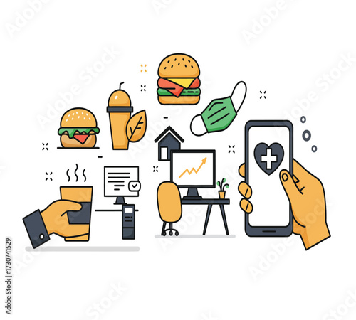 Illustration of a healthy lifestyle with a coffee cup, a red mug, a burger, a leaf, a computer, a trash can, a lamp, and a smartphone concept of balance and wellbeing