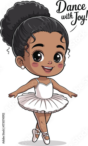Cartoon ballerina dancing joyfully in white tutu, curly hair bun, smiling face, graceful pose, flat vector illustration for dance theme