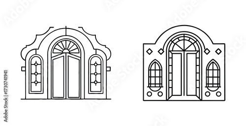 Line art illustration series focusing on doors with door frames showcasing intricate architectural details vector art design