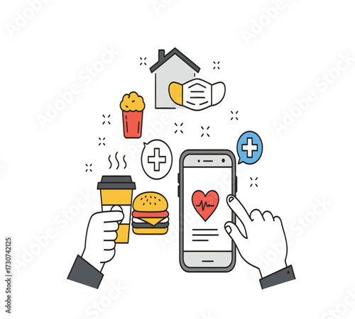Illustration of a healthy lifestyle with a coffee cup, a red mug, a burger, a leaf, a computer, a trash can, a lamp, and a smartphone concept of balance and wellbeing