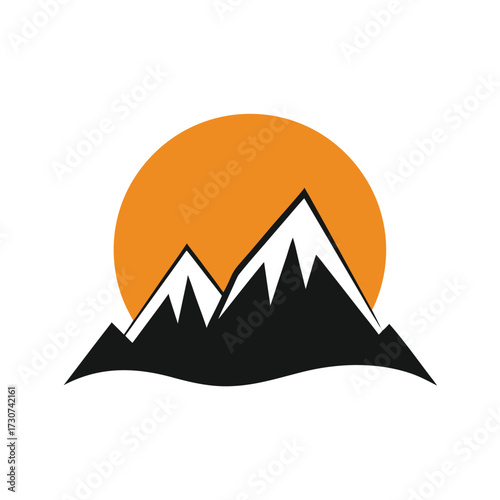 Silhouette minimal sun rising over mountain vector icon flat simple landscape illustration with white background