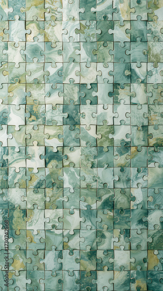 Fototapeta premium Puzzle intricately designed with green and blue marbled pieces arranged skillfully, showcasing artistic patterns and harmonious colors
